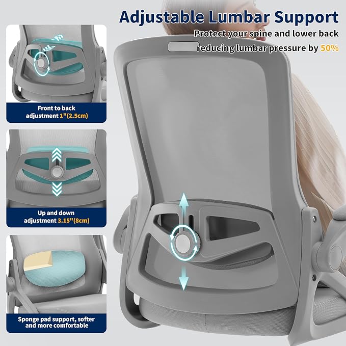Ergonomic Office Chair, Desk Chair with Adjustable Lumbar Support, Breathable Mesh Comfy Computer Chairs with Flip-up Armrests Executive Task Chair for Adults Home Office (Gray)