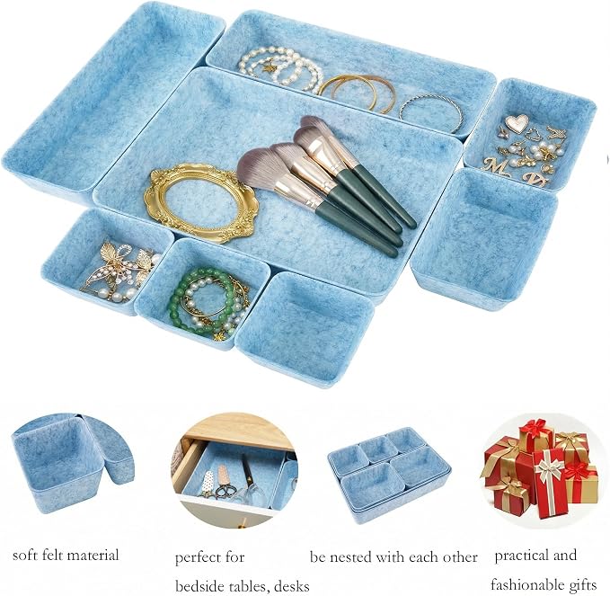 Desk Drawer Organizer Bins, 8pcs Felt Shallow Bathroom Storage Trays, Office Accessories & Workspace Organizers Jewelry & Makeup Boxes Containers(Blue)