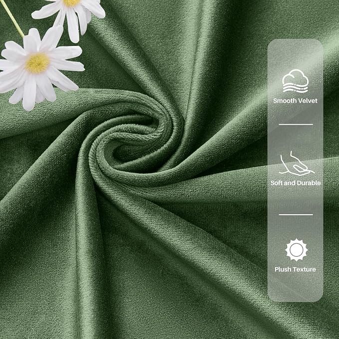 Olive Green Velvet Blackout Curtains 96 Inches for Bedroom, Thermal Insulated Room Darkening Drapes, Super Soft Luxury Window Curtains for Living Room, Back Tab & Rod Pocket, W52 x L96, 2 Panels