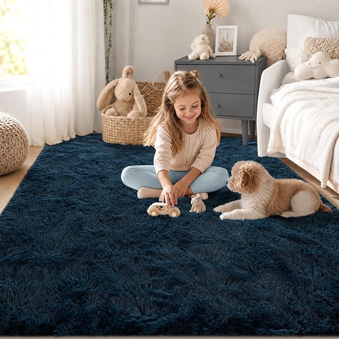 Zentavio Blue Rug Boys Rugs for Bedroom 4x6 Dark Blue Carpet Nursery Aesthetic Kids Playroom Navy Area Rugs for Teen Home Decor Fluffy Shag Bedside Floor Living Room Carpet