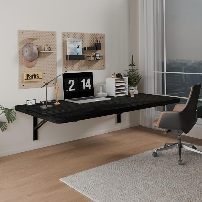 IAE Floating Wall Mounted Folding Table Desk with Pine Wood,36" x 22" Folding Workbench,Fold Down wall Mounted Foldable Table with Shelf Brackets,Laundry Folding Table for Apartment,Home,Kitchen,Black