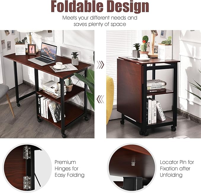 Tangkula Mobile Folding Computer Desk, Modern Writing Desk w/ 2-Tier Storage Shelves, PC Laptop Study Desk Workstation w/ 6 Wheels, Space Saving Compact Home Office Desk for Small Apartment (Brown)