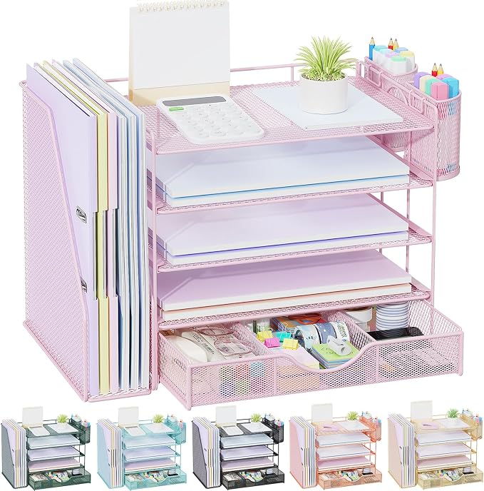 gianotter 5-Tier Desk Organizer with Drawers and File Holders | Letter Trays and Pen Holders - Workspace Accessories for Office Supplies (Pink)