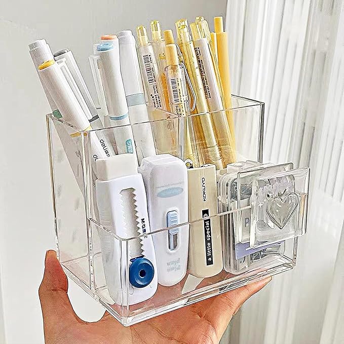 MUAMAX Minimalist Clear Acrylic Desk Organizer, 3-Compartment Pen Pencil Holder, Office Desk Supplies, Makeup Brush Holder, Transparent