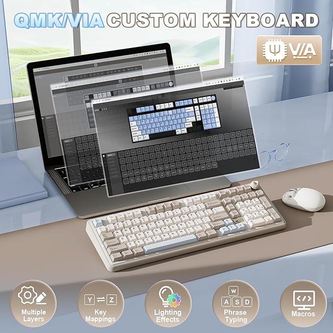 YUNZII B98 PRO QMK/VIA Wireless Mechanical Gaming Keyboard,96% Layout with Numpad and Cute Cat Knob, BT/2.4G/USB-C,Linear Switch Hot Swap Gasket,RGB for Win/Mac (Beige, Milk V2 Linear Switch)