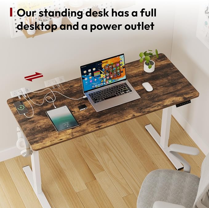 SANODESK Electric Standing Desk with Desk Clamp Power Strip 48"x 30" Whole-Piece Desktop Height Adjustable Stand Up Desk with Cable Management Sit Stand Home Office Desk White Frame/Rustic Brown Top