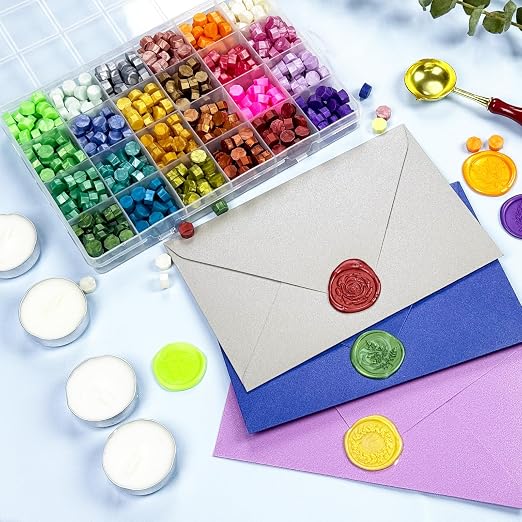24 Colors Sealing Wax Beads for Wax Seal Stamp with 4Pcs Tea Candles and 1 Pcs WaxMelting Spoon for Gift, Wedding Invitation,Letter Envelopes,Sealing Wine Bottle