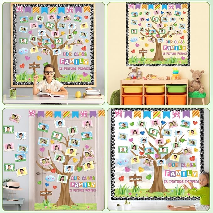 Back to School Bulletin Board Our Class Family is Picture Perfect Bulletin Board Set Colorful Picture Frame Classroom Decor Composition Tree DIY Photo Crafts Cutouts for School Office Teacher Supplies