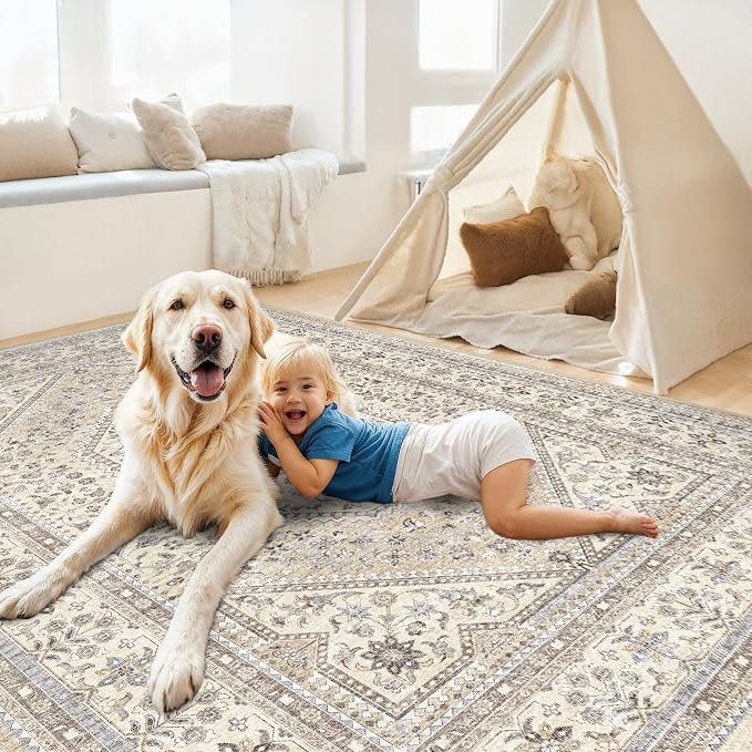 Washable 7x9 Area Rugs for Living Room: Soft Bedroom Rug Non Slip Rugs with Rubber Backing Ultra Thin Low Pile Carpet for Dinging Room Home Office Decor Beige/Gray