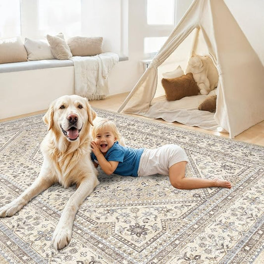Washable 7x9 Area Rugs for Living Room: Soft Bedroom Rug Non Slip Rugs with Rubber Backing Ultra Thin Low Pile Carpet for Dinging Room Home Office Decor Beige/Gray