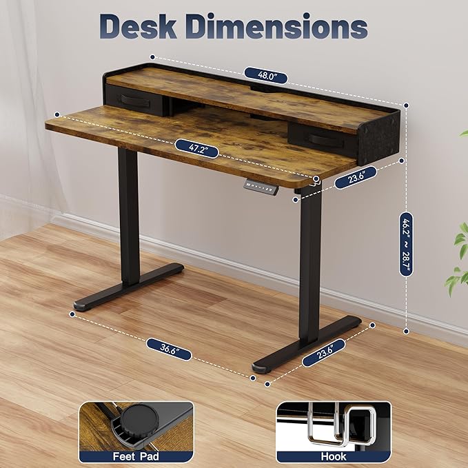 YESHOMY 48" x 23" Electric Standing Desk with 2 Drawers, Height Adjustable Computer Desk, Low Noise Home Office Stand Up Desk with 2 Preset Heights & 2 Hooks, Rustic Brown