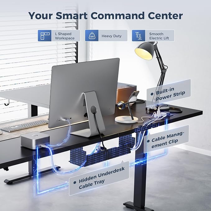 Klicelor L Shaped Standing Desk 75 x 61 Inch,Electric Height Adjustable Corner Desk with Cable Management & Power Outlets, Ergonomic Sit Stand Up Computer Table for Home Office,Black