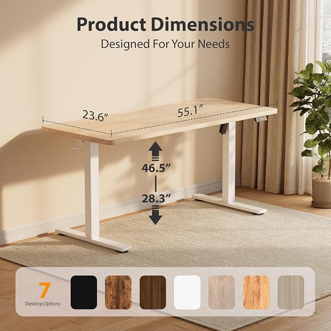 Cubiker Standing Desk, 55x24 Inches Sit Stand Home Office Desk, Electric Stand up Desk, Adjustable Desk with Splice Board, White Frame/Maple Top