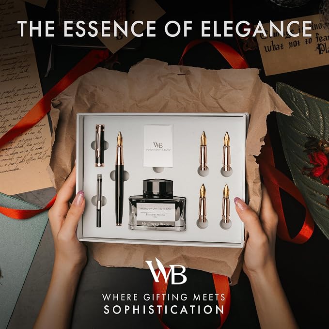 Wordsworth & Black Fountain Pen Gift Set, Includes Ink Bottle, 6 Ink Cartridges, A Refill Converter, 4 Replacement Nibs, Journaling, Calligraphy, Smooth Writing Pens [Black Rose Gold]