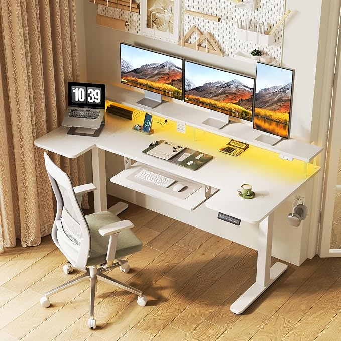 OffiGo U Shaped Electric Standing Desk with Keyboard Tray, 63 Inch Height Adjustable Desk with Power Outlets & LED Lights, Sit Stand Table with Monitor Stand for Home, Office, White