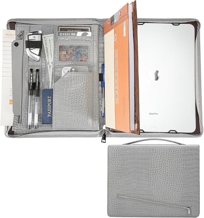 Professional Grey Leather Padfolio with Handle, 13-inch Tablet Holder Portfolio Binder, Minimalist Business Interview Folder, Croc-Pattern Zippered Document Organizer for Men Women