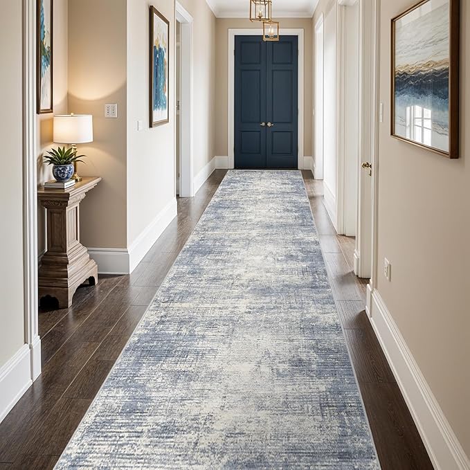 3x16 Hallway Washable Runner Rug - Non-Slip Kitchen Rugs with Rubber Backing Abstract Neutral Low-Pile Carpet Runners for Laundry Room Home Decor Bedroom Bathroom Entryway (Blue Gray,3x16)