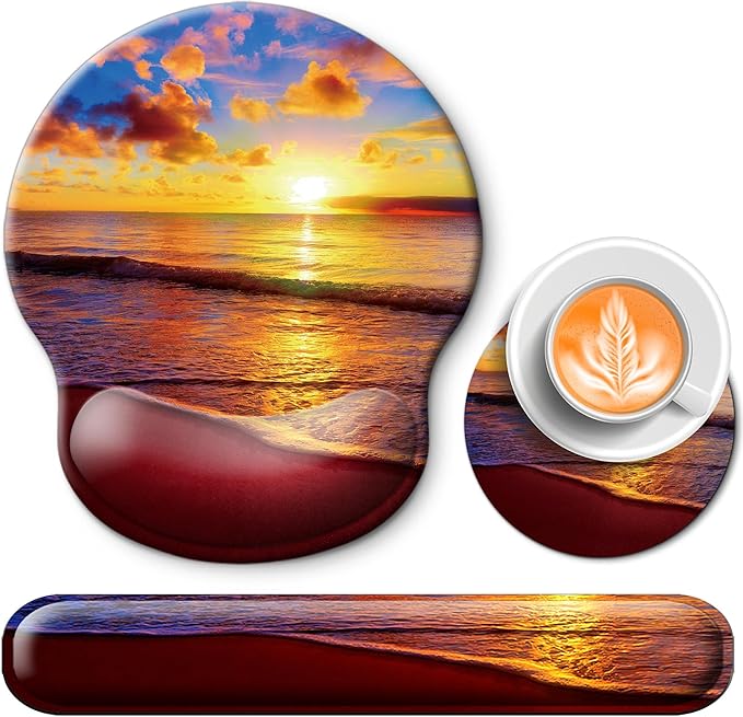 Mouse Pad and Keyboard Wrist Rest Support, with Non-Slip PU Base,Gel Mouse Pad with Coaster,Pain Relief for Gaming, Computer,Office -Sunset Beach