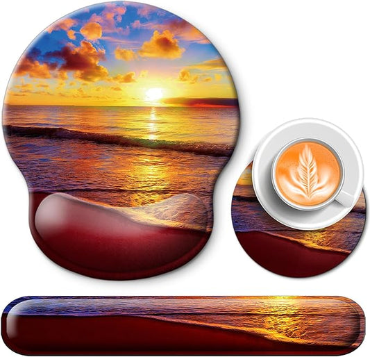 Mouse Pad and Keyboard Wrist Rest Support, with Non-Slip PU Base,Gel Mouse Pad with Coaster,Pain Relief for Gaming, Computer,Office -Sunset Beach