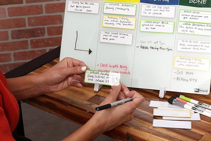 PMXBOARD Desktop Kanban Board & Whiteboard (Double-Sided) 18” x 11” Glass Dry Erase Board with Stand, 24 Reusable Task Cards, 6 Markers – Scrum Agile Project Management Desk Planner