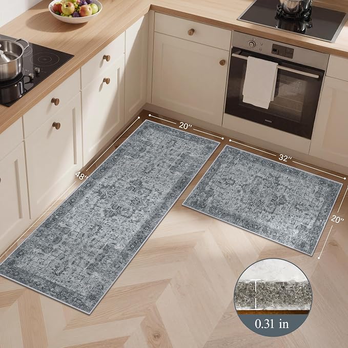 GENIMO Kitchen Rugs Non Slip Washable, 2PCS Kitchen Mats for Floor, Cushioned Standing Mat, Kitchen Runner Rug Floor Mat for Kitchen Decor, Laundry, Sink, Home, 20"x32"+20"x48", Vintage Grey
