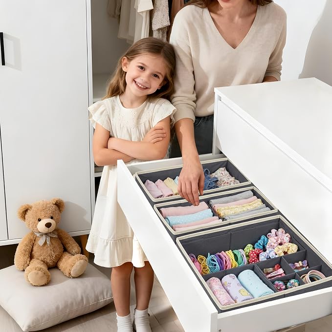 DECOMOMO Adjustable Drawer Organizer Clothes, 12 Pack Drawer Dividers | Fabric Storage Bins, Baby Dresser Organizer for Nursery, Underwear, Bra, Socks (Grey)