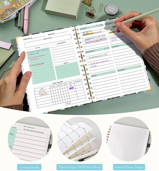 Undated Weekly Planner, Hardcover Weekly & Monthly Calendar Blank Planner, To Do List Notebook with Goal & Habit Tracker Organizer, A5 Daily Planner with Spiral Binding, Ideal for Work School Home, Blue Flower