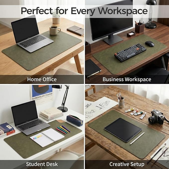 Premium Faux Leather Desk Mat & Tray Set，Innovative Cork-Look Printed Base，Gift Tube Packaging，Full-Desk Coverage，Non-Slip Desk Pad for Office Home（Olive Green）