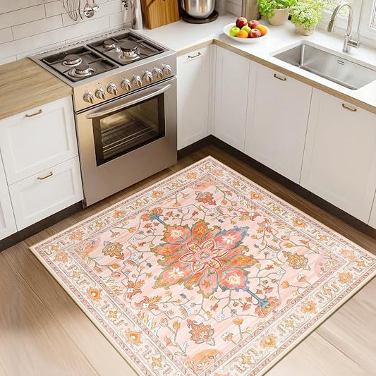 RELEANY Area Rugs Square 4ft Washable Non-Slip, Floral Vintage Distress Medallion Carpet for Living Room Bedroom Dining Room, Light Pink Colorful