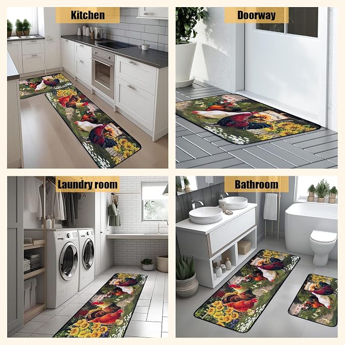 Voanos Rooster Kitchen Rugs,Non Skid Washable Microfiber mats for Kitchen Floor,Farmhouse Sunflower Kitchen Cushioned Runner Rug Decor Sets of 2, Size 17"x 47"+17"x 30"