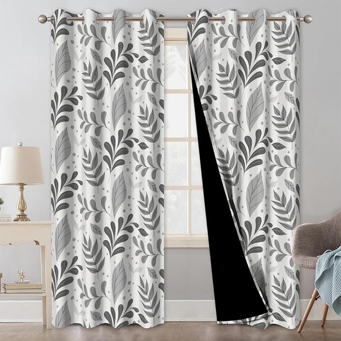 Blackout Curtains for Bedroom and Living Room, Grey Leaves Patterned Grommet Thermal Insulated Room Darkening Bedroom Curtains 2 Panels Set, Light Filtering Soundproof Black Out Curtains 84 Inch Long