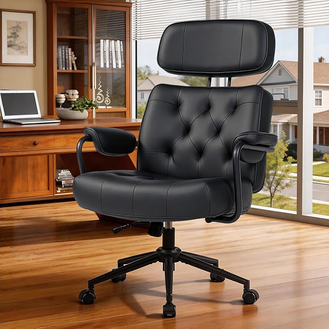 Mid Century Modern Home Office Desk Chair, Ergonomic Office Chair Big and Tall, High Back Executive Office Chair Leather Extra Wide, Computer Chair Comfy, Adjustable Height Rolling Chair, Black