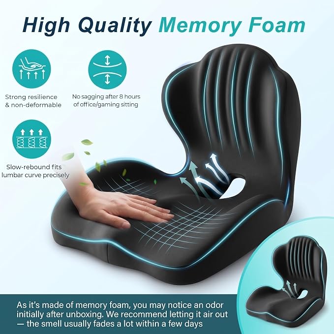 Ergonomic Seat Cushion with Lumbar Support (Black) | Office Chair Seat Cushion, Memory Foam Orthopedic Cushion with Tailbone Hollow, Sciatica & Back Pain Relief for Long Sitting