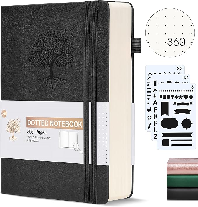 Dotted Journal Notebook, 360 Numbered Pages Bullet Dot Grid Journals,100gsm Dot Paper Thick Hardcover Leather Journal for Writing Women Men,A5 Dotted Grid Notebooks for Work 5.75" x 8.38" Black