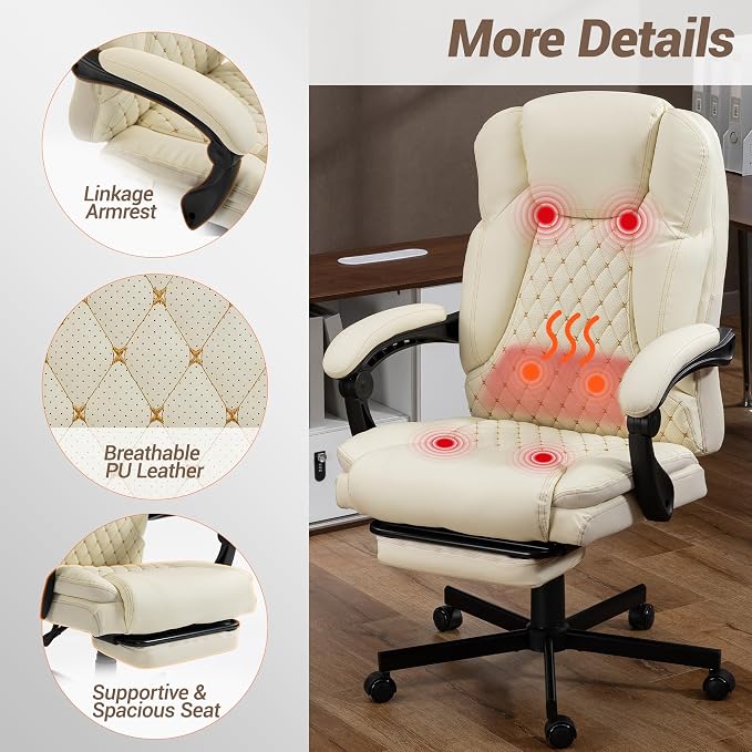 Heated Massage Executive Office Desk Chair with Footrest - Beige | 6 Points Vibration Massage System, 5 Massage Modes, 3 Target Areas (Back,Lumbar,Seat), Reclining 90°-135°
