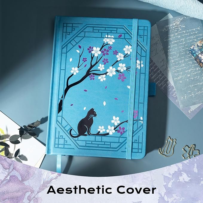TIEFOSSI A5 Lined Journal, Cute Cat Journal for Women Girls, College Ruled Notebook with Pretty Sakura Pattern, Aesthetic Diary for Writing Journaling Drawing, Golden Edges