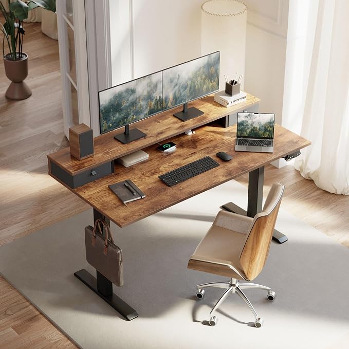 Klicelor 48 x23 Inch Electric Standing Desk with Drawers, Adjustable Height Small Sit Stand Desk for Home Office, Compact Computer Workstation with Storage– Rustic Brown