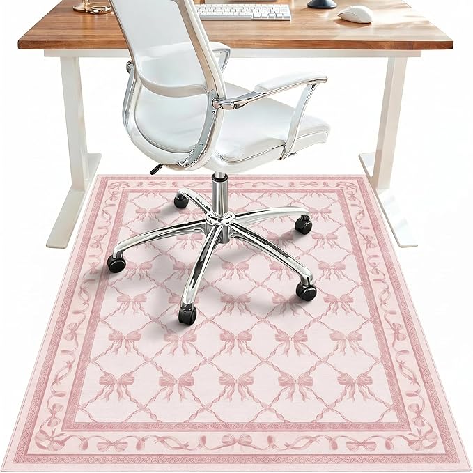 48"x60" Office Chair Mat for Hardwood Tile Floor, Under Desk Carpet Protector for Rolling Computer Chair Mat, Machine Washable Area Rug, Anti-Slip 1/5" Thick Low Pile Thin Vinyl Floor Mat, Baby Pink