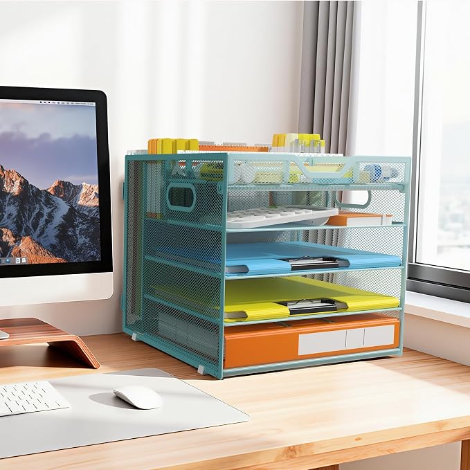 Docnest 5 Tier Letter Tray with Hanging File Box, Blue | Mesh Desk Organizer, Built-in Pen Holder and Handles, Desktop Storage organizer, For Mail Documents Office Supplies