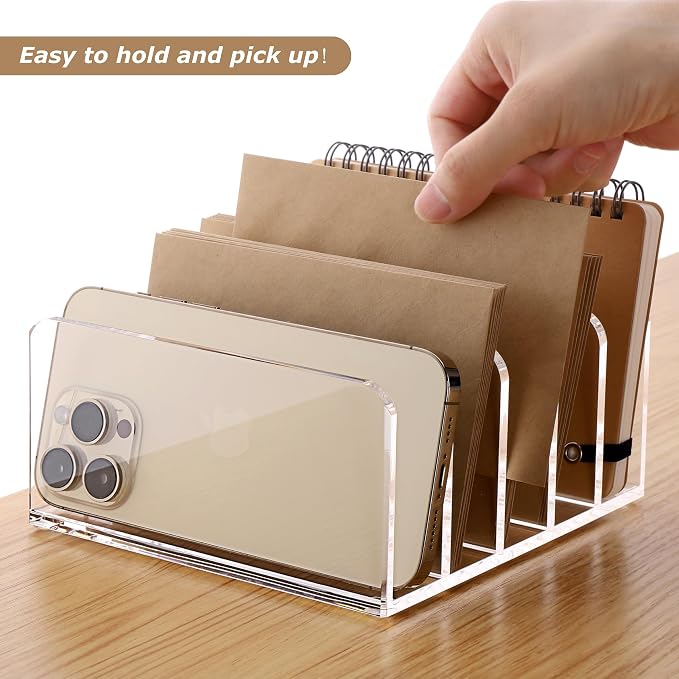 SANRUI 5 Compartments Acrylic Mail Sorter Holder, Clear Document Magazine Envelope File Rack, Vertical Letter Sorter & Multifunction Desk Organizer for Bills, Documents, Notebooks
