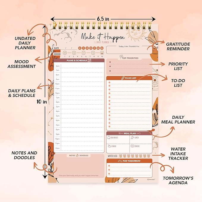 Decorably 52 Sheets Boho Celestial Undated Daily to Do List Notepad - 6.5x10" Spring-Bound Planner, Easy Tear-Off, for Schedule, Priorities, Agenda, Water Intake, Meals, Notes & Doodles - Home, Office