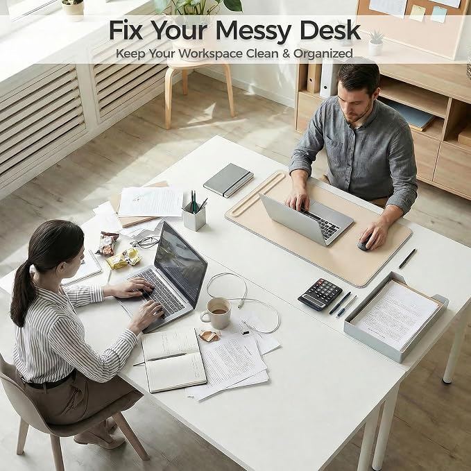 Desk Mat – Double-Sided Vegan Leather & Felt | Built-In Magnetic Cable Organizer & File Storage | Premium Workspace Pad for Office, Gaming & Creative Professionals-（Beige）