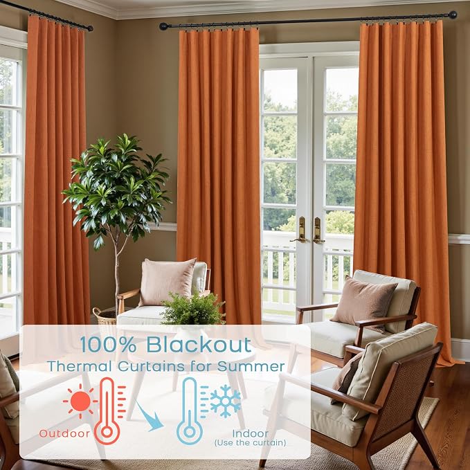 KOUFALL Bohemian Curtains for Dining Room,Burnt Orange Linen Boho Farmhouse Blackout Black Out Eclectic Living Room Curtains Drapes 96 Inches Long 2 Panel Set