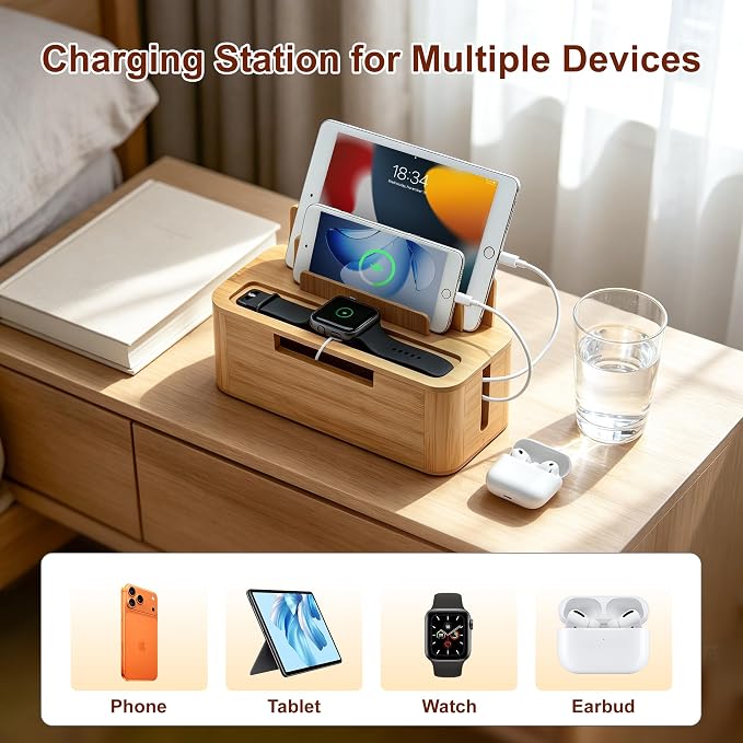 Bamboo Charging Docking Station, Multiple Device Desktop Organizer with Cable Management, Compatible with Phone, Tablet, Watch, Earbuds, Home Office Nightstand