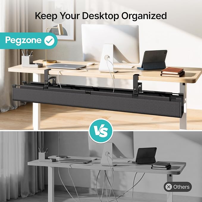 No Drill Under Desk Cable Management Tray, 47.2" Fabric Organizer | Clamp/Screw Premium Mount Cord Holder, for Power Strips, Adapters, with 2 Hooks & 1 Tie Roll for Home Office Gaming, Black