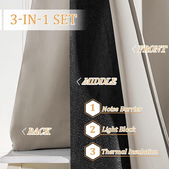 RYB HOME Noise Cancelling Curtains - 3 Layers Blackout Curtains Privacy Window Treatment Thermal Insulated Room Divider Drapes for Studio Bedroom Laundry Room, 52 x 102 inches, Natural, 2 Pcs