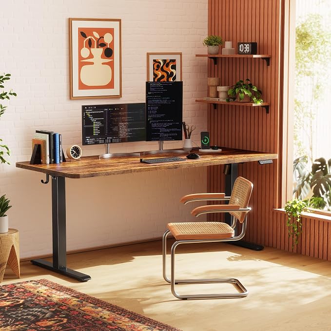 Huuger 63 X 24 Inch Electric Standing Desk with Power Outlets and USB-C Port, Height Adjustable Desk, Sit Stand Desk for Home Office, Computer & Gaming Desk with 4 Presets, Rustic Brown