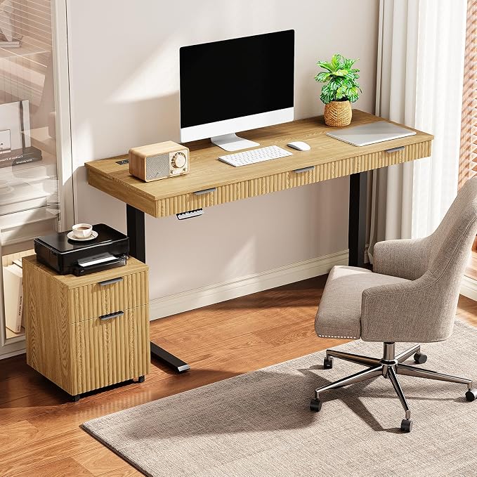 55" Electric Standing Desk with File Cabinet, Height Adjustable Desk,Oak | Standing Desk with Drawers, Roilling Filing Cabinet, File Cabinet with Drawers, Adjustable Desk for Home Office, Work, Study