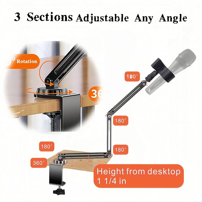 Low Profile Mic Boom Arm, 360° Rotatable 3-Section Foldable Desk Microphone Stand, 2.5kg Heavy Duty C Clamp Mic Mount with 1/4 3/8 5/8 Screw Adapter for Streaming Podcast(C Clamp Mount)
