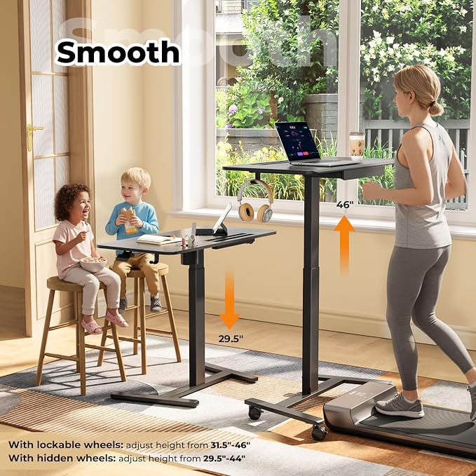 40"×20" Mobile Desk with Drawer, Rolling Desk with Storage | Height Adjustable Portable Laptop Desk on Wheels, Small Computer Desk with Cup Holder and Hooks for Study & Work, Black